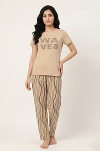 Zivame Wavy Stripes Knit Cotton Pyjama Set - Warm Sand — thumbnail 1